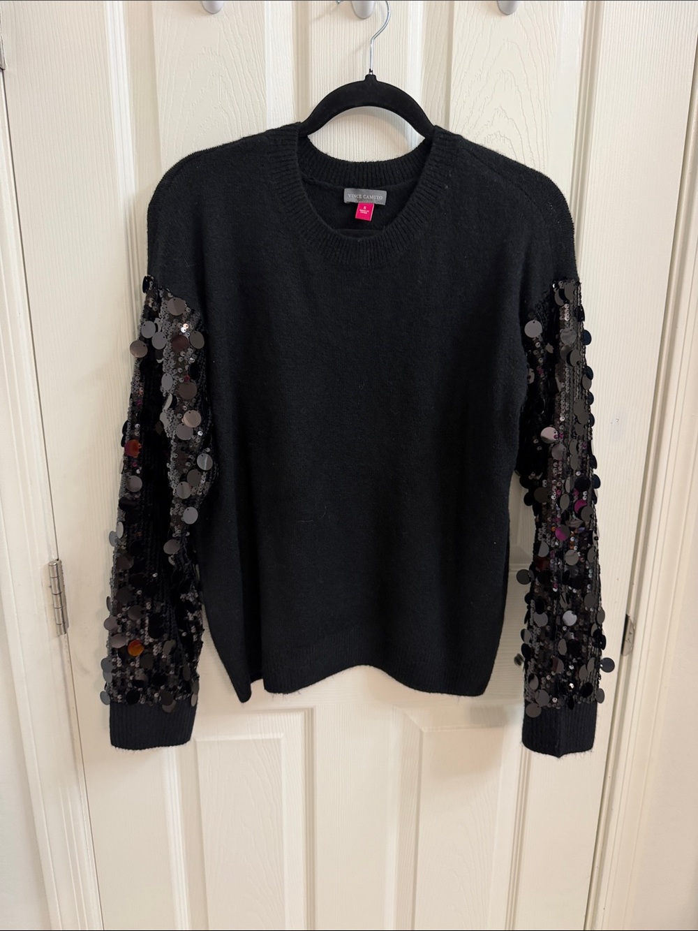 Vince Camuto Black Sequin-Sleeve Crewneck Sweater